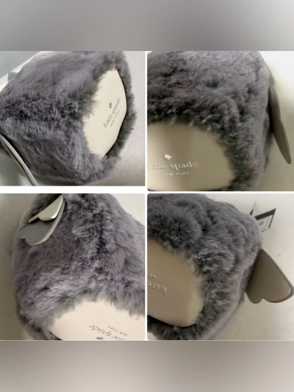 Kate Spade 3D Hoot Owl Coin Purse Keychain Faux Fur Gray White with Dust Bag NWT